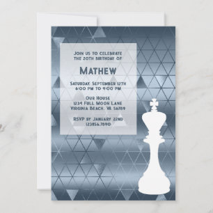 Schach King Geometric Dusty Blau und Weiß Geburtst Einladung