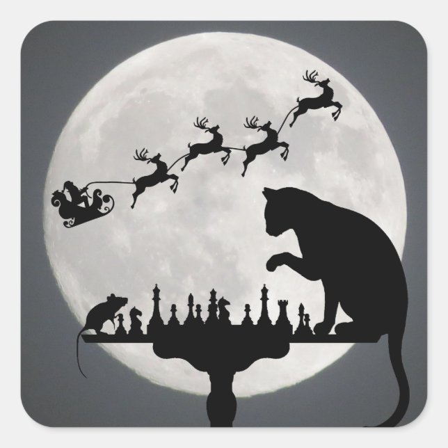 Schach Santa Vollmond Katze und Mausspiel Weihnach Quadratischer Aufkleber (Vorderseite)