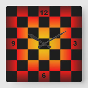 Schach ~ Schachbrett-Uhr-Schwarzes u. Quadratische Wanduhr
