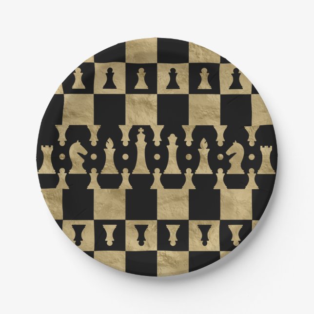Schach-Stück-Muster - Schwarzes und Gold Pappteller (Vorderseite)