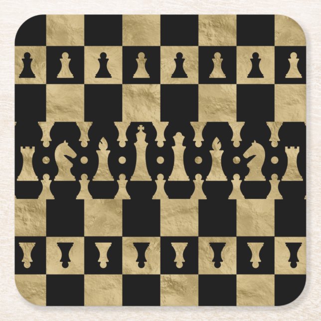 Schach-Stück-Muster - Schwarzes und Gold Rechteckiger Pappuntersetzer (Vorderseite)