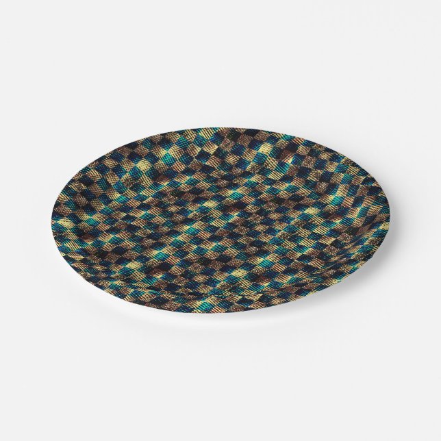 Schach und Kratzeffekt, blau und gelb Pappteller (Schrägansicht)