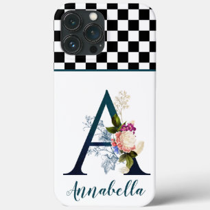 Schachbrett-Fancy-Blumenmonogramm Buchstabe A Case-Mate iPhone Hülle