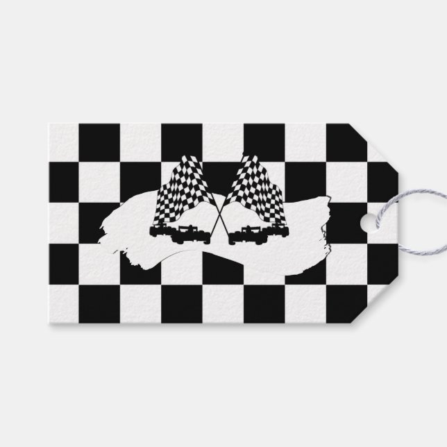 Schachbrett-Flagge und Rennwagen Geschenkanhänger (Vorderseite (Horizontal))