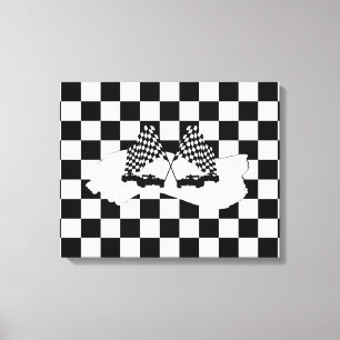 Schachbrett-Flagge und Rennwagen Leinwanddruck