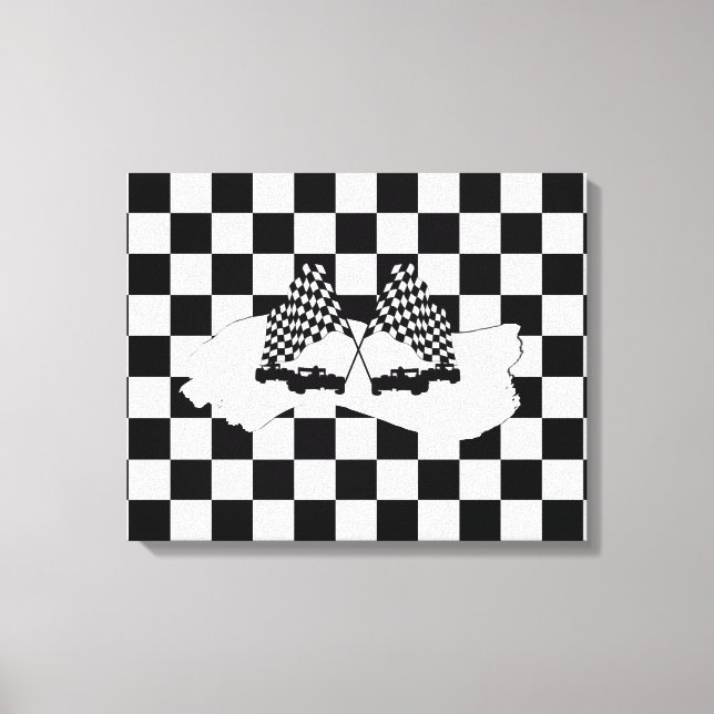 Schachbrett-Flagge und Rennwagen Leinwanddruck (Vorderseite)