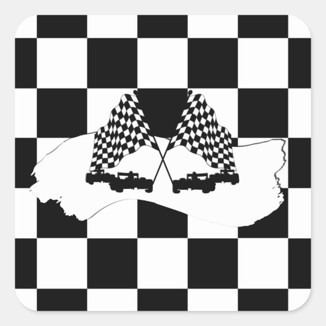 Schachbrett-Flagge und Rennwagen Quadratischer Aufkleber (Vorderseite)