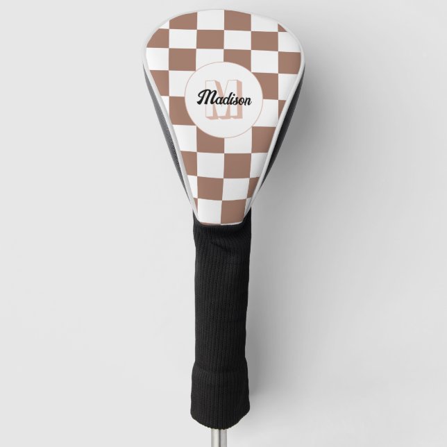 Schachbrett Quadrate Mocha-braunes Retro Monogramm Golf Headcover (Vorderseite)