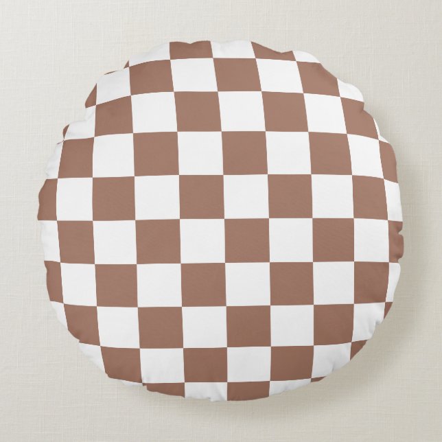 Schachbrett Quadrate mocha braunes, weißes geometr Rundes Kissen (Vorderseite)