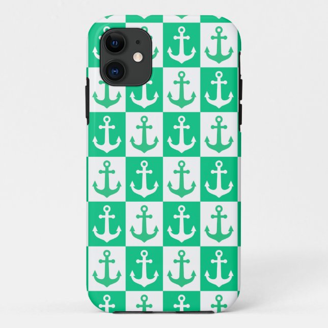 Schachbrett-Schiffsanker-Muster - Ozean Grün Case-Mate iPhone Hülle (Rückseite)