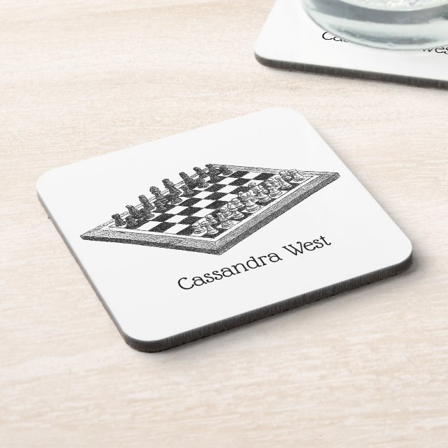 Schachbrett und Schachfiguren Vintage Kunst Getränkeuntersetzer (Linke Seite)