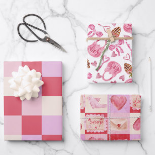 Schachbrett Valentin kariert rosa Creme Preppy Geschenkpapier Set