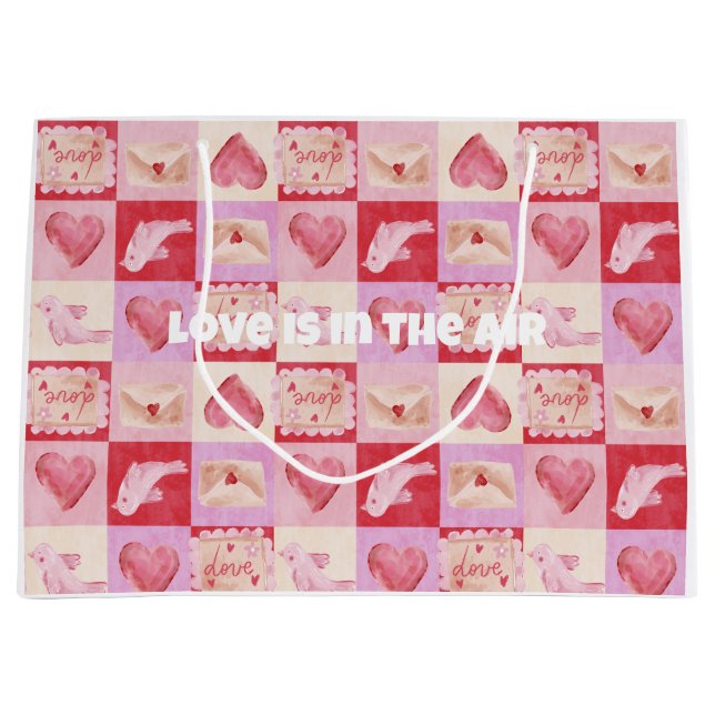 Schachbrett Valentin kariert rosa Creme Preppy Große Geschenktüte (Vorderseite)