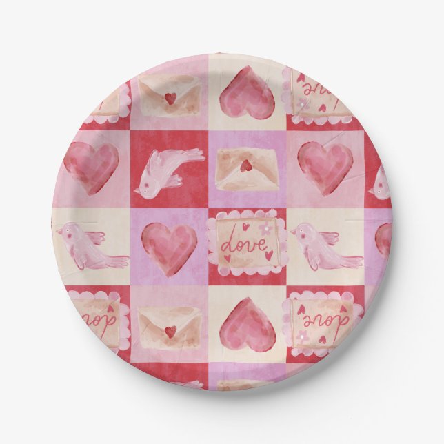 Schachbrett Valentin kariert rosa Creme Preppy Pappteller (Vorderseite)