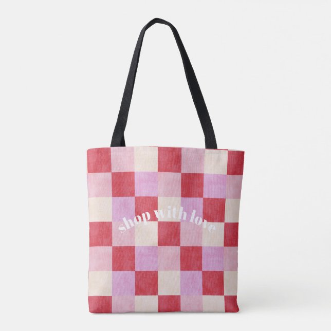 Schachbrett Valentin kariert rosa Creme Preppy Tasche (Rückseite)