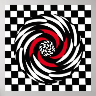 Schachbrett Vortex, rot, weiß und schwarz Poster