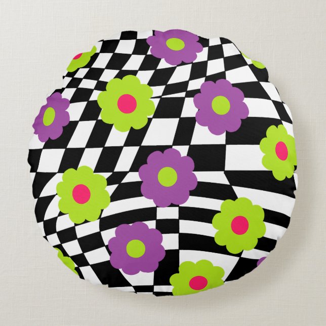 Schachbretter und Blume Throw Kissen Mod Style Pou (Vorderseite)