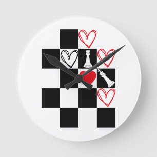 Schachbrettherz Valentinstag Black&White Runde Wanduhr