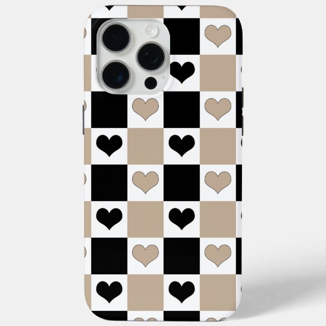 Schachbrettherzen in Taupe, Schwarz und Weiß Case-Mate iPhone Hülle (Rückseite)