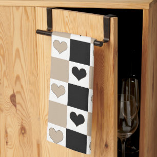 Schachbrettherzen in Taupe, Schwarz und Weiß Geschirrtuch