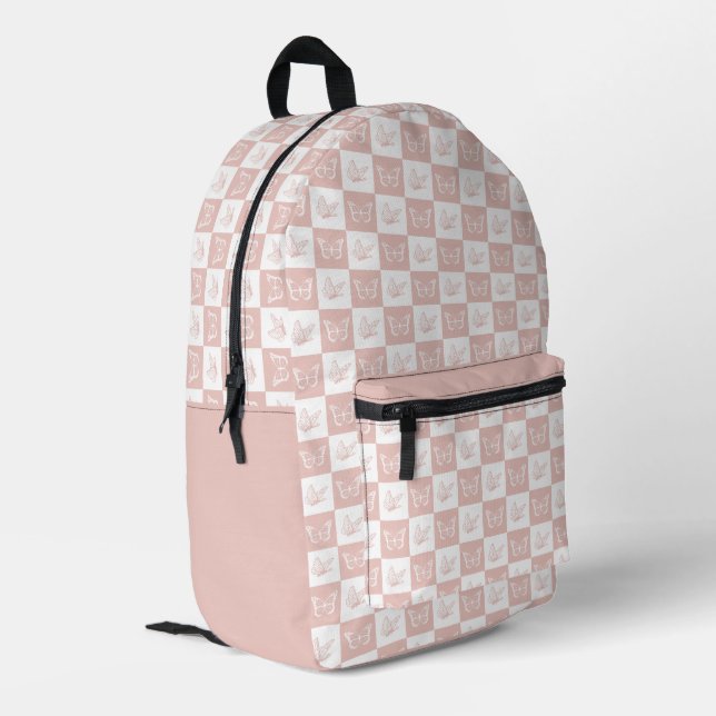 Schachbrettmuster aus Pink und Weiß Bedruckter Rucksack (Rückseitige Ecke links)