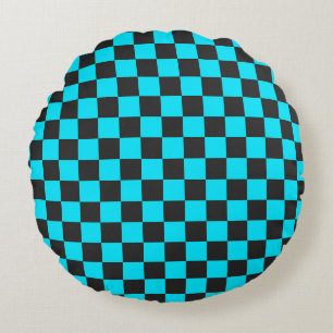 Schachbrettmuster in Cyan und Charcoal Rundes Kissen