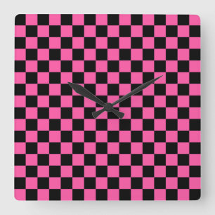 Schachbrettmuster in Schwarz und Pink Quadratische Wanduhr