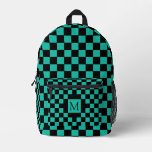 Schachbrettmuster-Monogramm in Türkis und Schwarz Bedruckter Rucksack