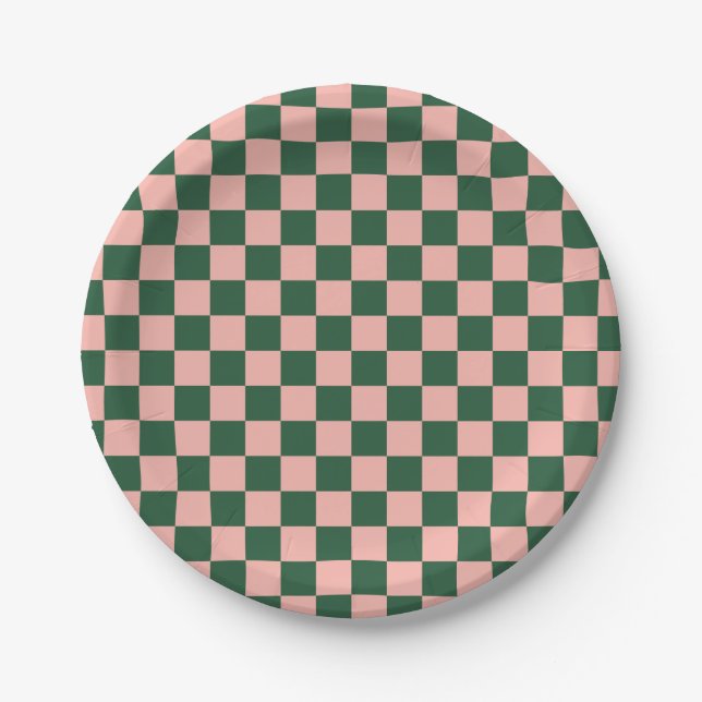 Schachbrettmuster Rosa und Grün des Jägers Pappteller (Vorderseite)