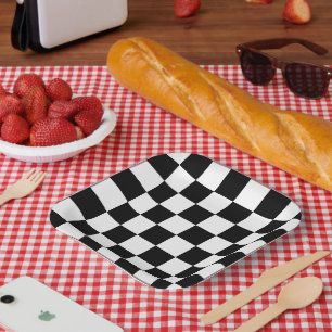 Schachbrettmuster Schwarz-Weiß Pappteller