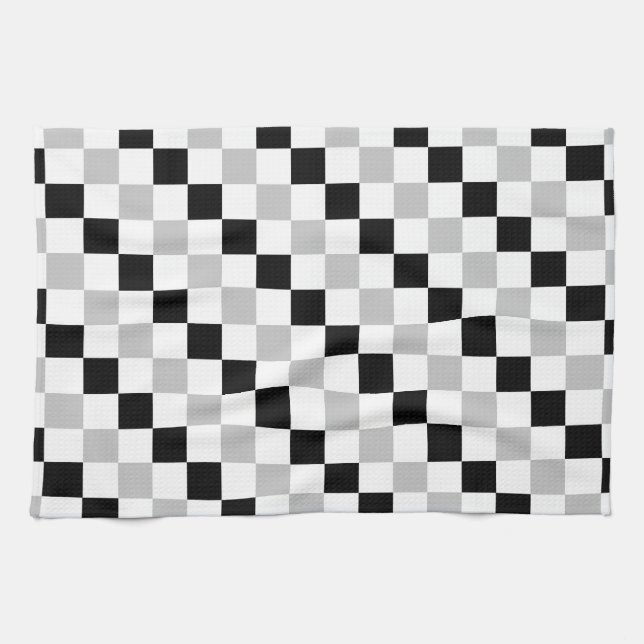 Schachbrettmuster Schwarz, Weiß und Grau Küchentuch (Horizontal)