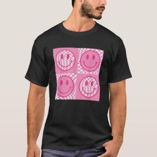 Schachbrettmuster Smile Face Meme Pink Happy Face T-Shirt