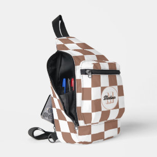 Schachbrettquadrate Mocha Braun Weiß Retro-Monogra Crossbody Bag