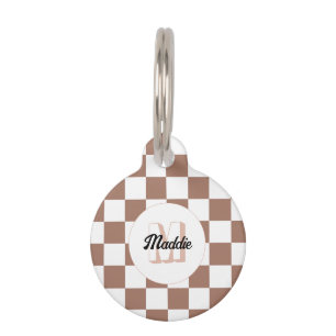 Schachbrettquadrate Mocha Braun Weiß Retro-Monogra Haustiermarke