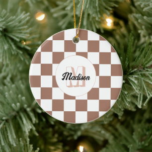 Schachbrettquadrate Mocha Braun Weiß Retro-Monogra Keramik Ornament