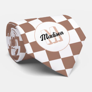 Schachbrettquadrate Mocha Braun Weiß Retro-Monogra Krawatte