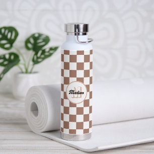 Schachbrettquadrate Mocha Braun Weiß Retro Monogra Trinkflasche