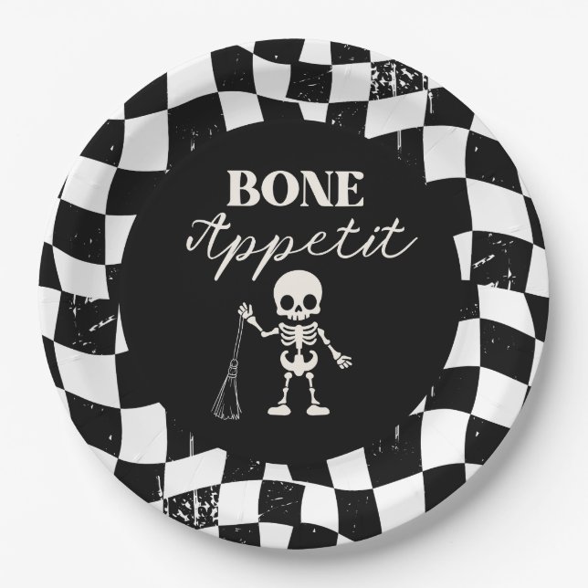 Schachbrettrückwärts am KnochenHalloween Pappteller (Vorderseite)