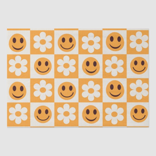 Schachbrettweiße Blume und Orange Happy Faces Seidenpapier (Vorderseite)