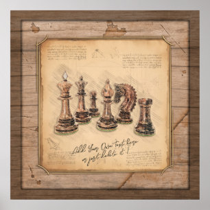 Schachfiguren auf Grunge-Holzbrett-Geschenk Poster