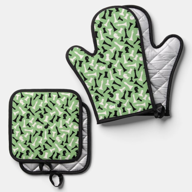 Schachfiguren Design Ofen Mitt & Pot Holder Set (Vorderseite/Rückseite)
