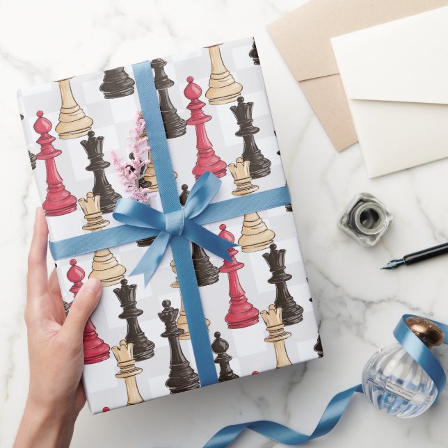 Schachfiguren Modernes Schwarzes Rot und Weiß Geschenkpapier (Schenken)