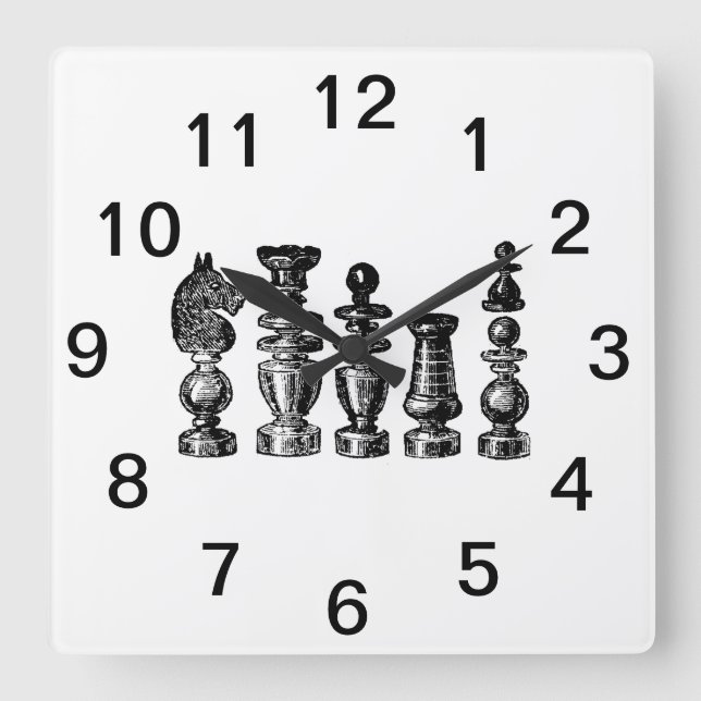 Schachfiguren Vintage Kunst Quadratische Wanduhr (Vorderseite)