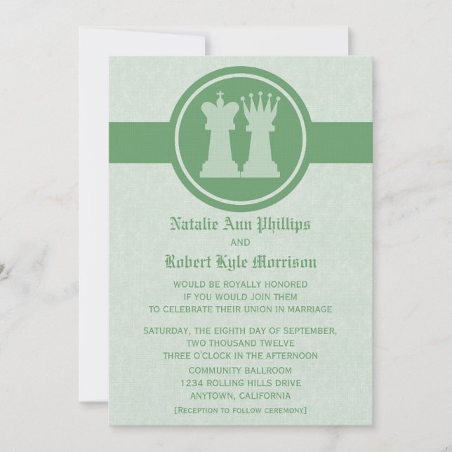 Schachkönig und Königin bei Hochzeiten, Grün Einladung (Vorderseite)