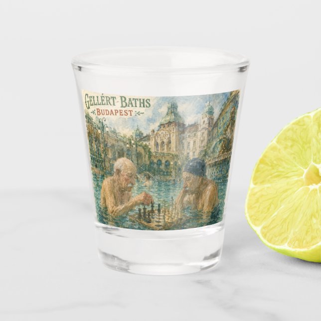 Schachpartie Gellert-Bäder Budapest Ungarn Schnapsglas (Vorderseite)