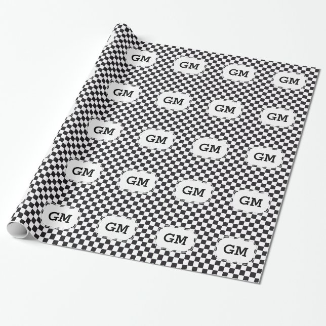Schachquadrat Muster - schwarz + Ihr Text & Hinter Geschenkpapier (Ungerollt)