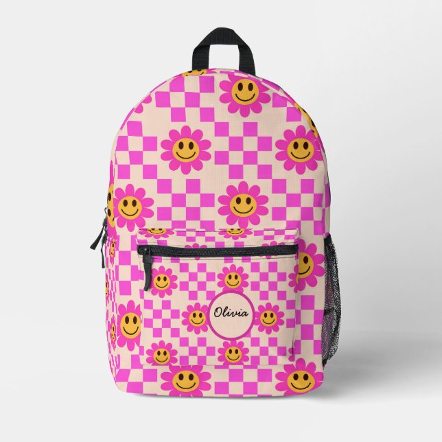 Schachrosa Lächelnde Blume Individuelle Name Bedruckter Rucksack (Vorderseite)