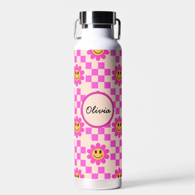Schachrosa Lächelnde Blume Individuelle Name Trinkflasche (Vorne)