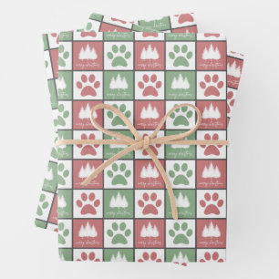 Schachroter und grüner Pfotenprint Weihnachtsbaum Geschenkpapier Set