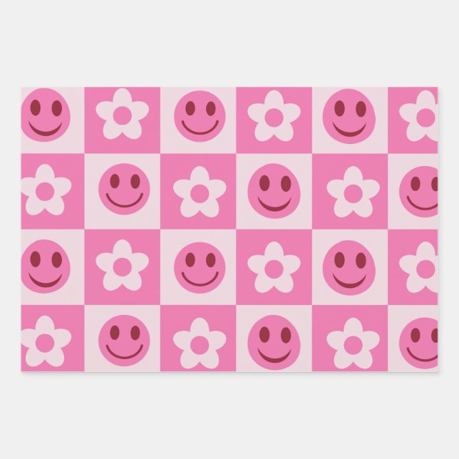 Schachte Blume und fröhliche Gesichter rosa Geschenkpapier Set (Vorderseite)